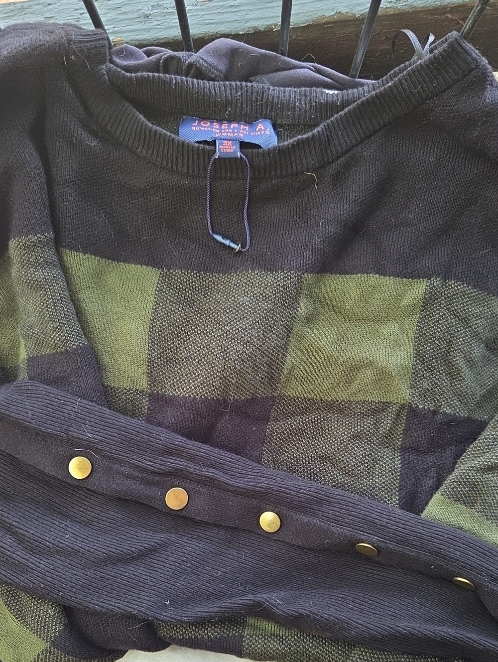 Joseph Women’s Black and Olive Check Crewneck Sweater with Button Cuffs